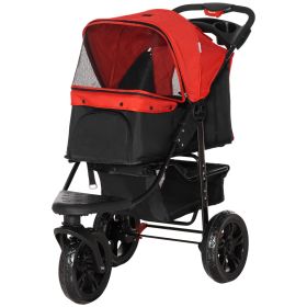 3 Wheel Folding Dog Stroller, Jogger Travel Carrier with Adjustable Canopy, Storage Brake, Mesh Window for S&M Dogs, Red